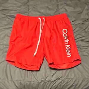 Calvin Klein Red Swim Trunks with White Drawstring
